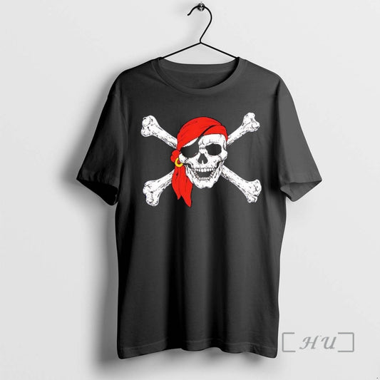 Officials Pirate Jolly Roger Skull Red Bandana Eye Patch Gold Earring Crossbones Graphic Nautical Premium T-Shirts,...