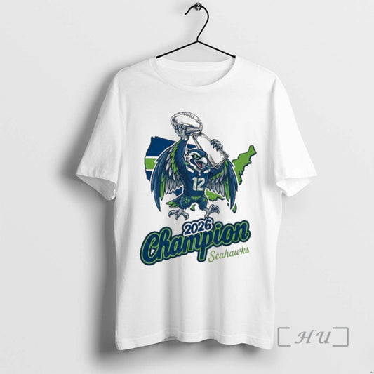 Officials Seattle Football 2026 Champion Hawk Mascot With Trophy T-Shirts, Hoodie, Sweatshirt | AU18TeeNovaLab.com