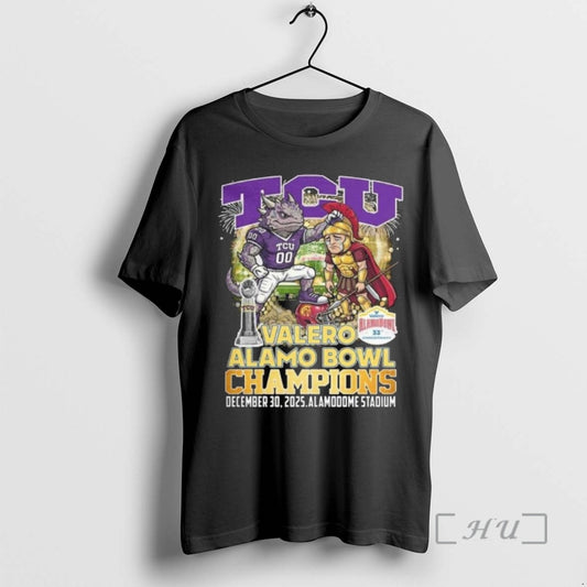 Officials Tcu Horned Frogs Valero Alamo Bowl Champions 2025 Football Mascot Premium T Shirts Sweater Hoodie, Sweatshirt