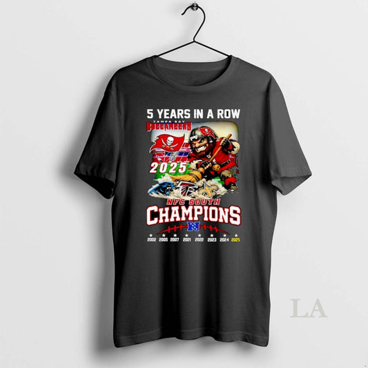 Original 5 Years In A Row Tampa Bay Buccaneers 2025 Nfc South Champions Mascot T-Shirts, Hoodie, Sweatshirt