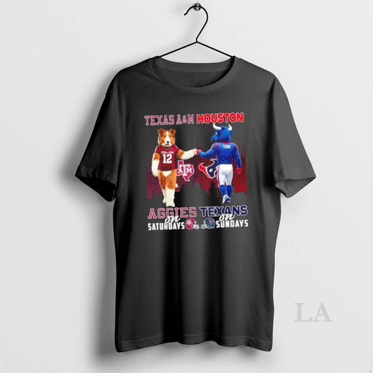 Original Mascots Texas Am Aggies On Saturdays X Houston Texans On Sundays Skyline T-Shirts, Hoodie, Sweatshirt