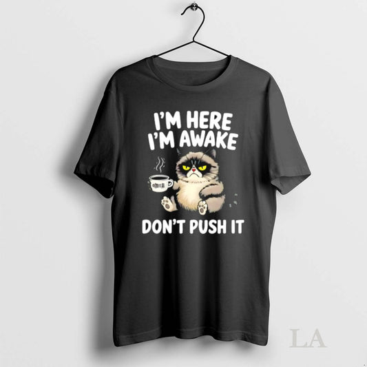 Original Tired Cat Im Here Im Awake Dont Push It T-Shirts, Hoodie, Sweatshirt | AU18TeeNovaLab.com