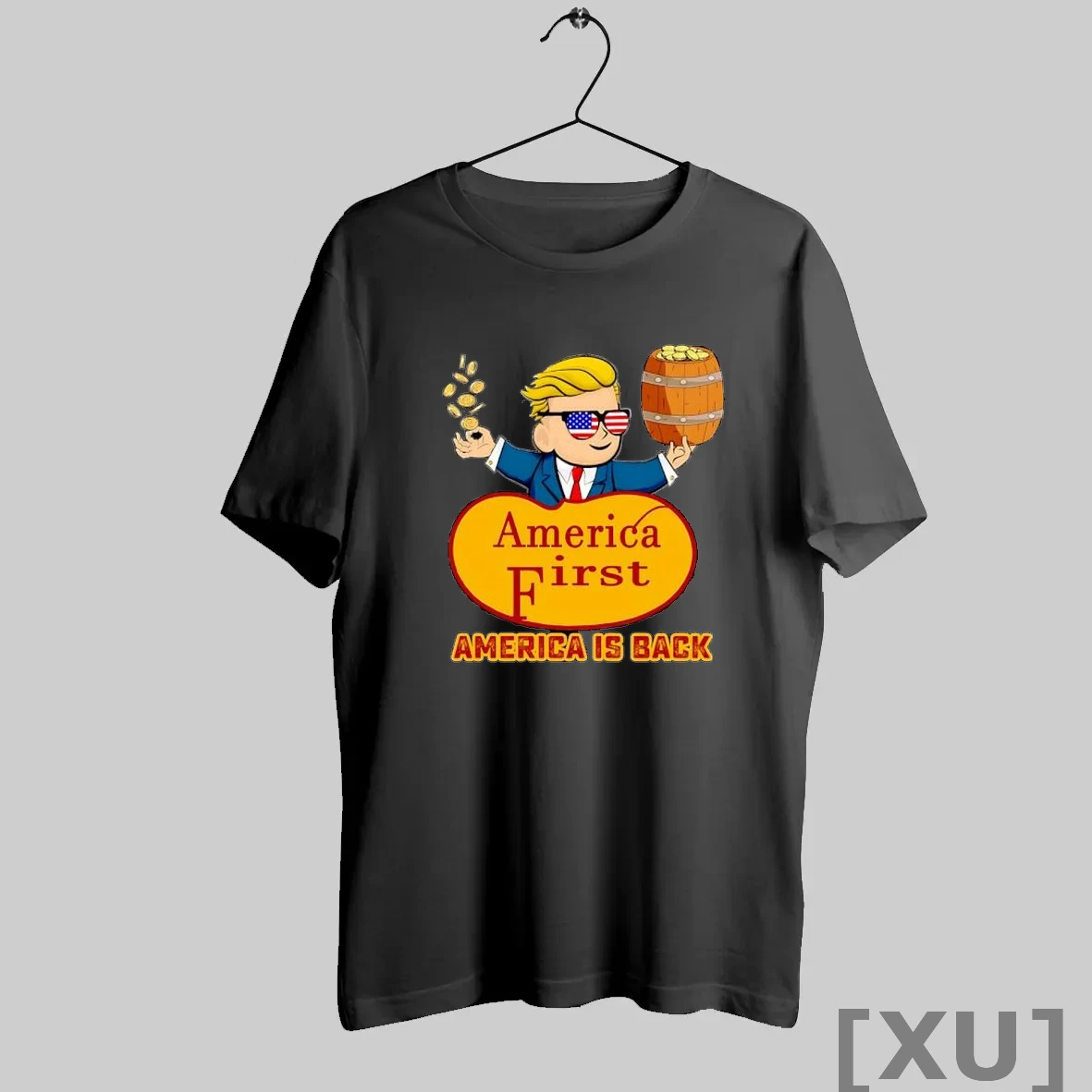 Premium America First America Is Back Donald Trump Cartoon Character Throwing Gold Coins T Shirts