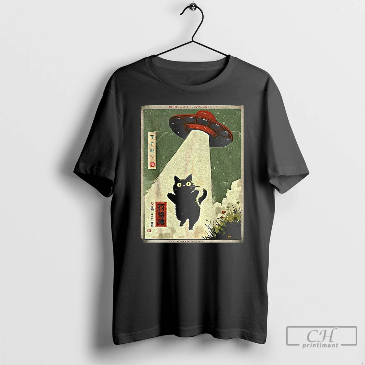 Premium Black Cat Ufo Abduction Japanese Cat Alien T-Shirts, Hoodie, Sweatshirt | AU18TeeNovaLab.com