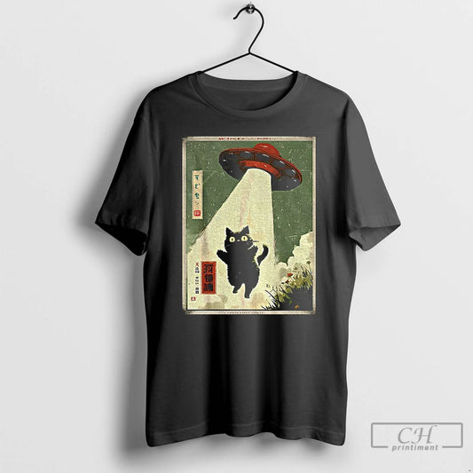 Premium Black Cat Ufo Abduction Japanese Cat Alien T-Shirts, Hoodie, Sweatshirt | AU18TeeNovaLab.com