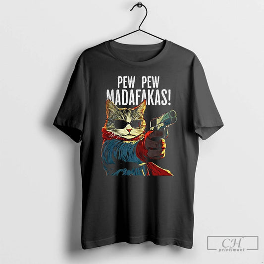 Premium Funny Cat Gun Pew Pew Madafakas Art T-Shirts, Hoodie, Sweatshirt | AU18TeeNovaLab.com