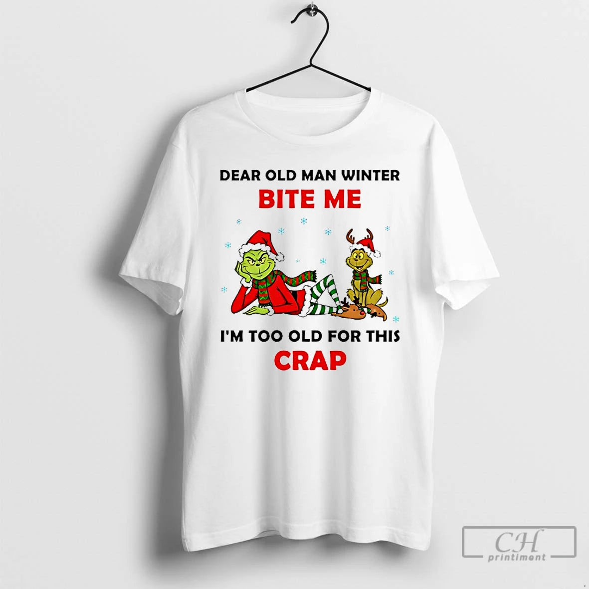 Premium Grinch And Max Dear Old Man Winter Bite Me Im Too Old For This T-Shirts, Hoodie, Sweatshirt | AU18TeeNovaLab.com