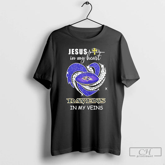 Premium Jesus In My Heart Baltimore Ravens In My Veins Diamond Heart T Shirts Sweater Hoodie, Sweatshirt | AU18TeeNovaLab.com