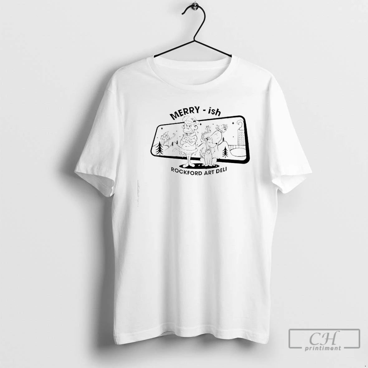 Premium Rockford Art Deli Merry Ish Holiday Monkey Dog Graphic T-Shirts, Hoodie, Sweatshirt | AU18TeeNovaLab.com