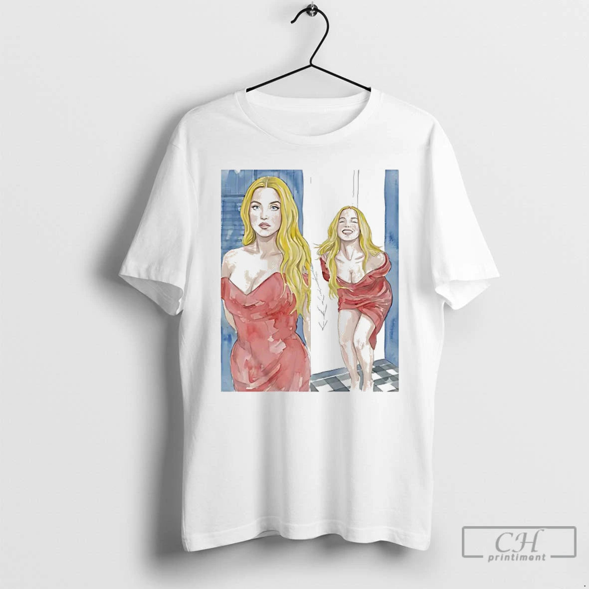Premium Sydney Sweeney In Red Dress Watercolor Art T-Shirts, Hoodie, Sweatshirt | AU18TeeNovaLab.com