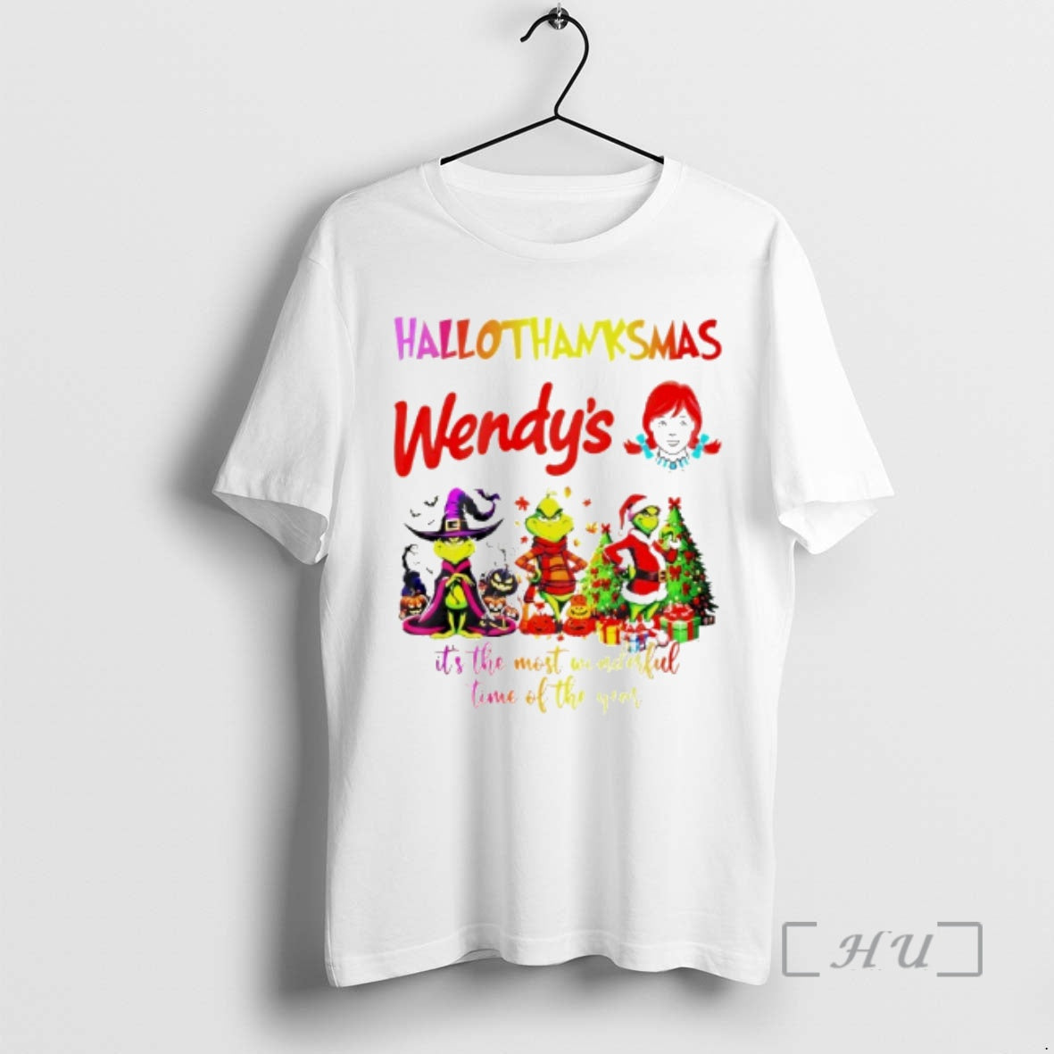 Trending Grinch Hallothanksmas Wendys Its The Most Wonderful Time Of The Year Premium T Shirts Hoodie, Sweatshirt