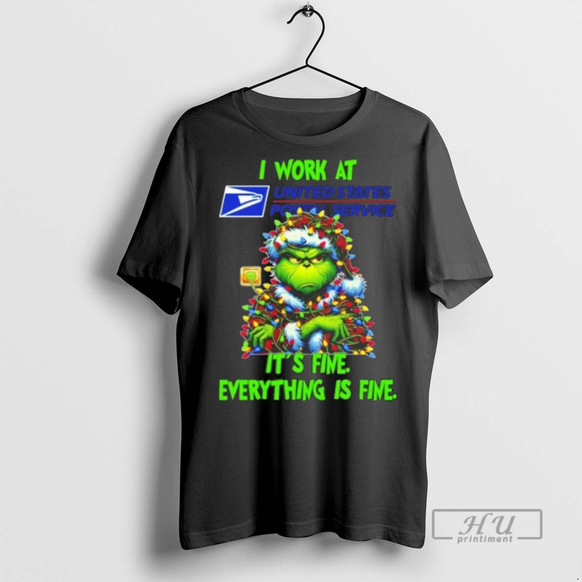 Trending Officials Grinch Santa I Work At Usps Its Fine Everything Is Fine Christmas Lights T-Shirts, Hoodie, Sweatshirt