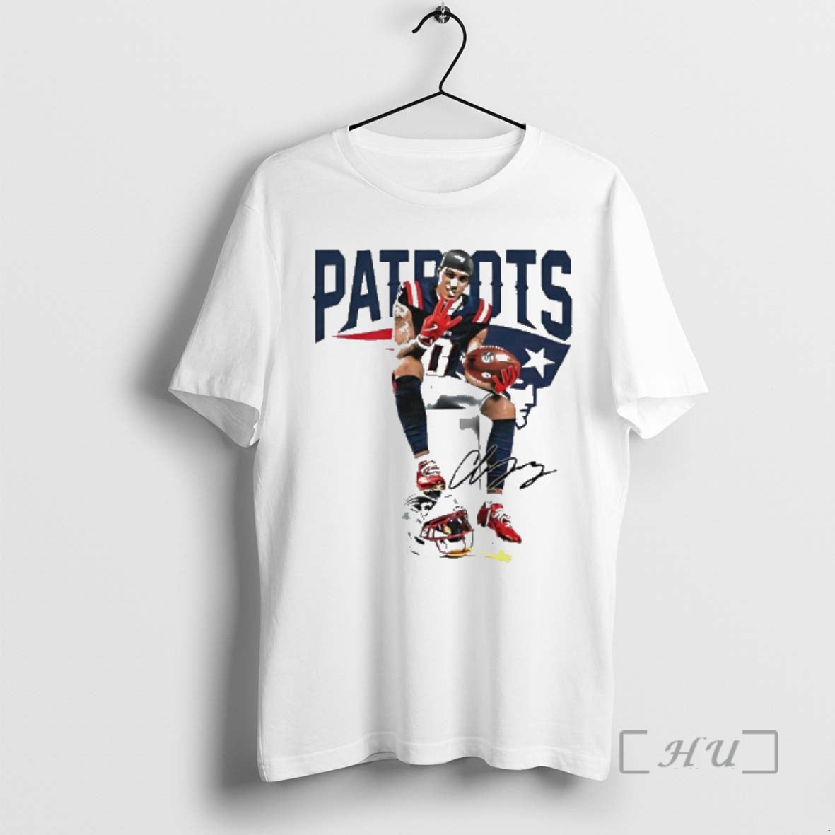 Trending Patriots Christian Gonzalez Sitting On Helmet Holding Football Four Finger Pose Graphic