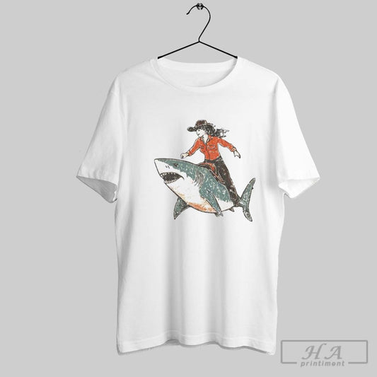 Western Cowgirl Riding Shark Vintage